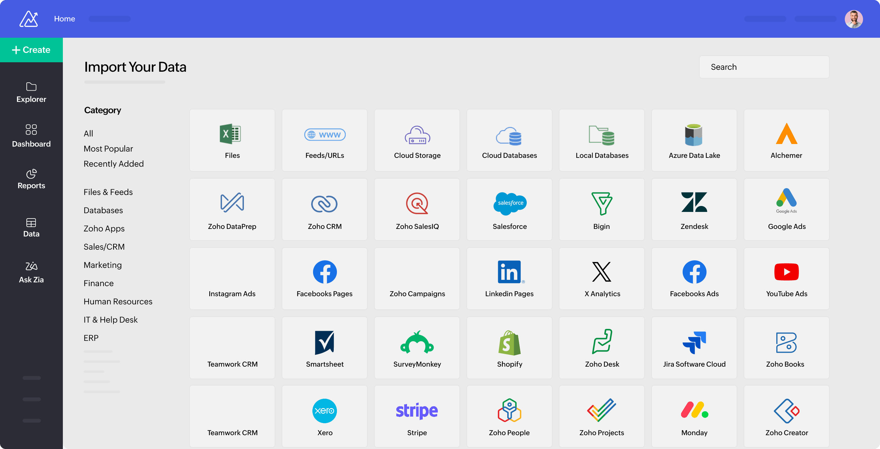 Interface do Zoho Analytics — importação e conexão de dados