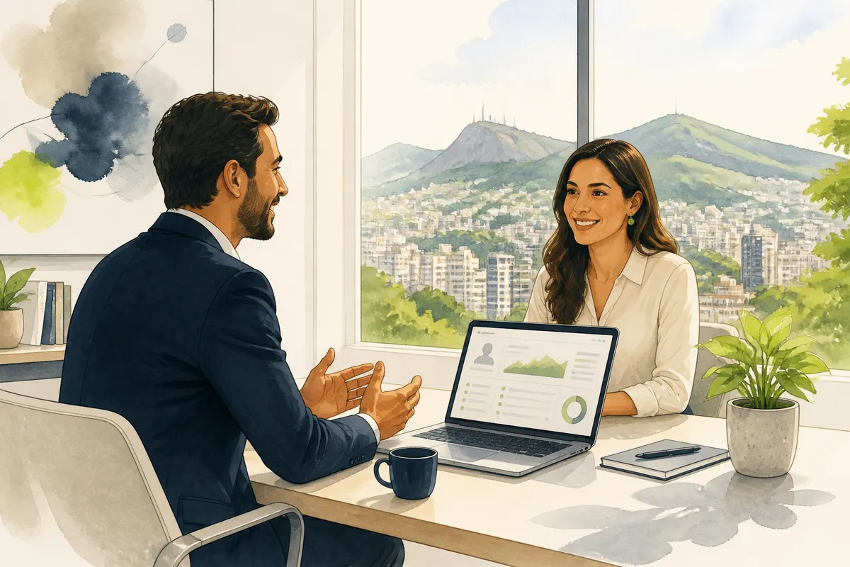 Ilustração de uma conversa acolhedora entre especialistas da Outsmart e um time comercial