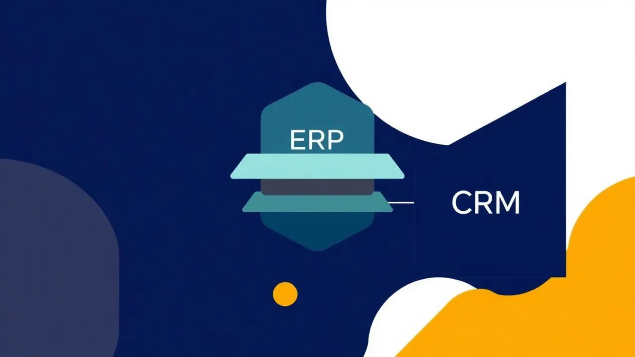 Ilustração de um núcleo de ERP conectado por camadas de API a um nó de CRM