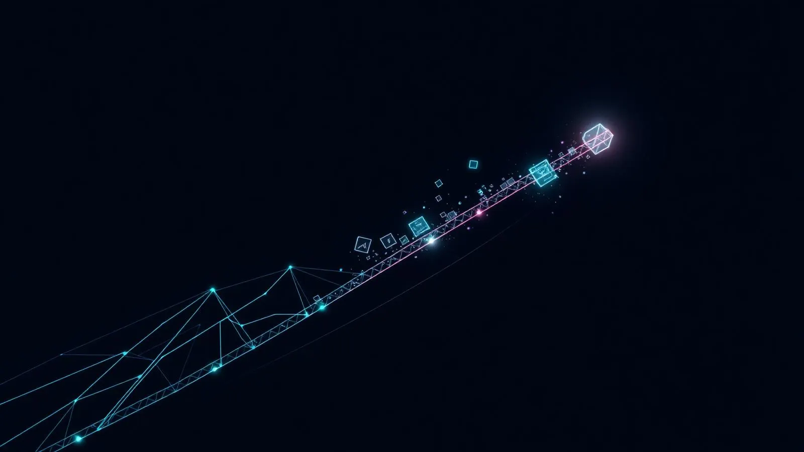 Blocos de dados atravessando uma ponte de luz entre duas estruturas geométricas