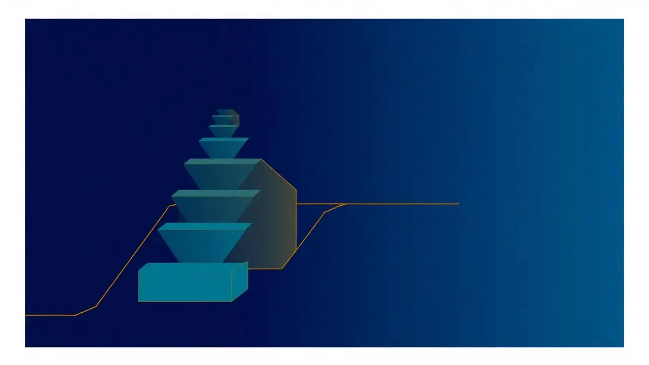 Ilustração geométrica de um funil de vendas com estágios empilhados