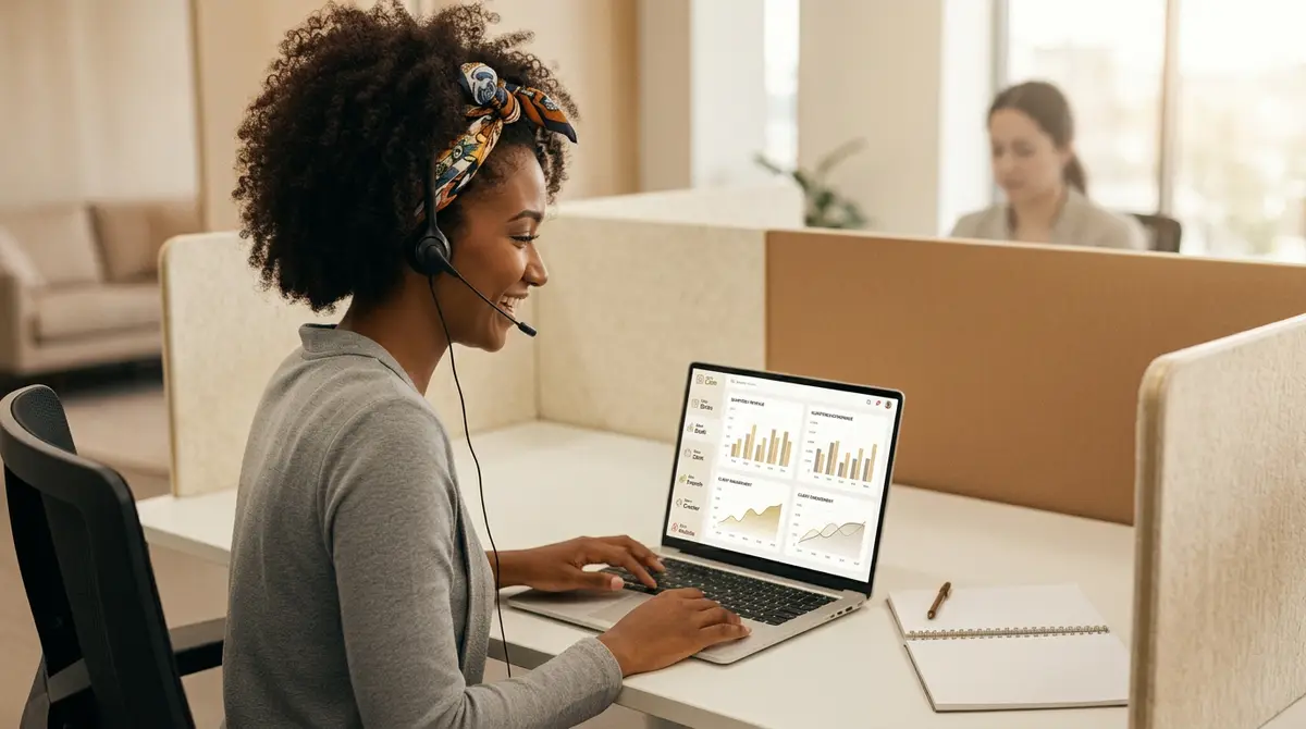 Profissional em atendimento com dashboard comercial no notebook — operação CRM e IA