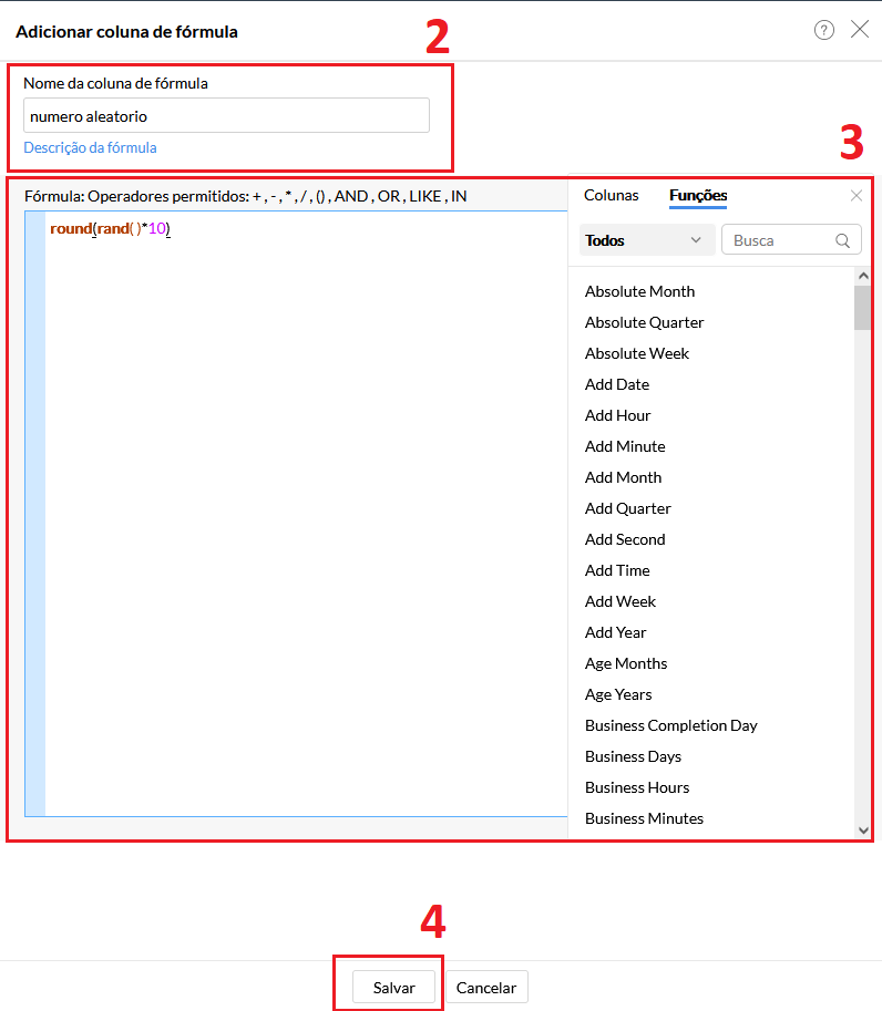 Interface de criação de fórmula no Zoho Analytics