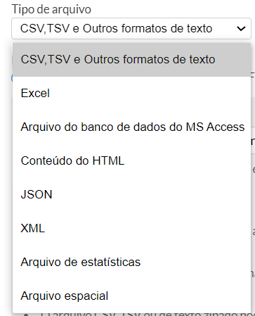 Seleção do tipo de arquivo para importação