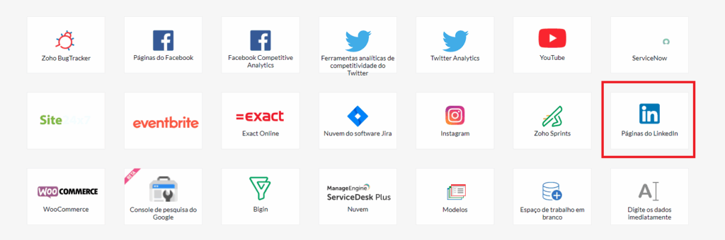 Seleção do aplicativo para importação no Zoho Analytics