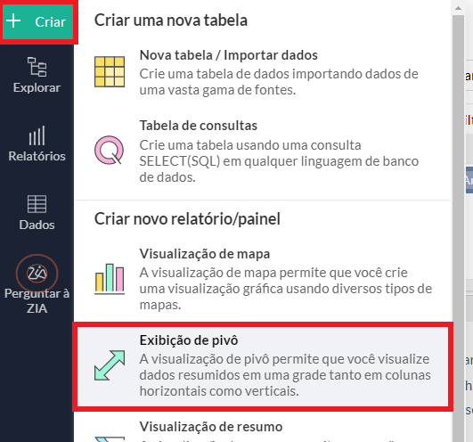 Interface de criação de Exibição Pivô no Zoho Analytics