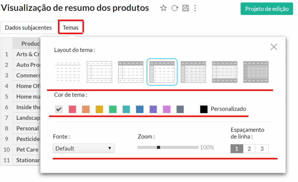 Opções de temas e personalização