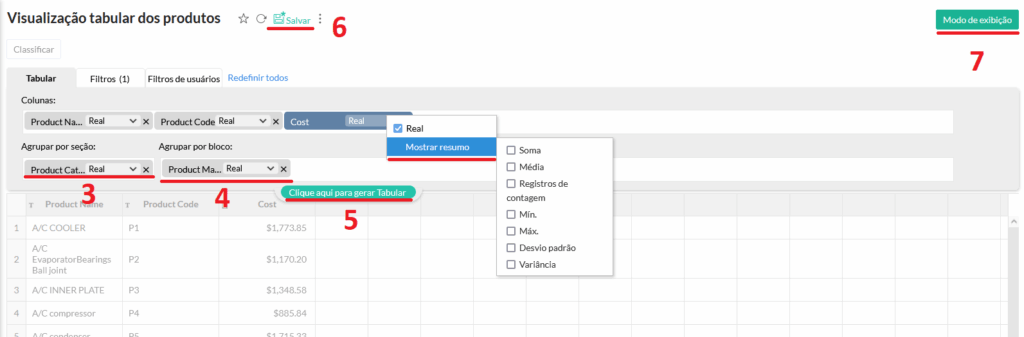 Visualização tabular com colunas selecionadas