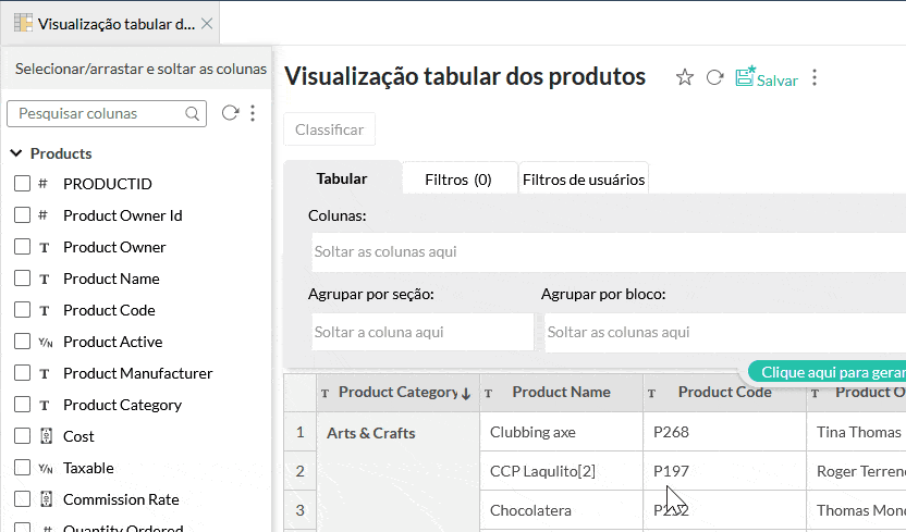 Selecionando colunas da visualização tabular