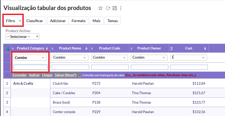 Opções de filtro na visualização tabular