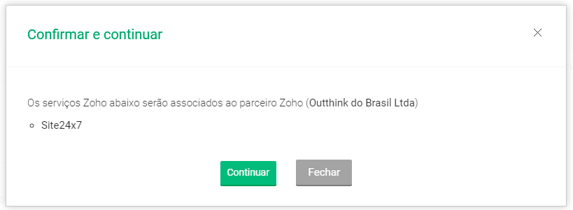 Pop-up de confirmação para identificar parceiro Zoho