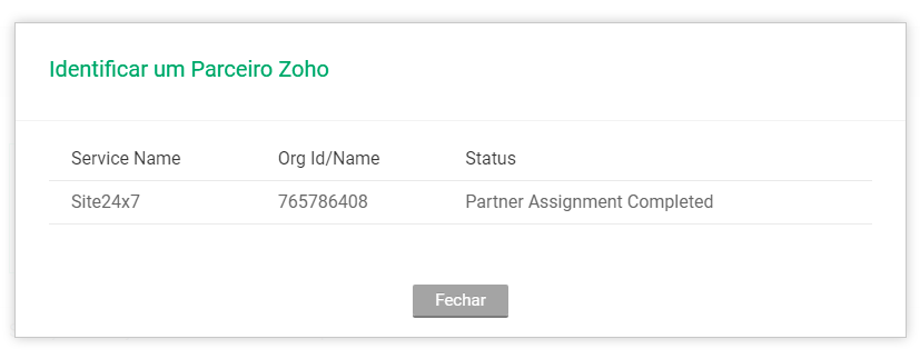 Mensagem de sucesso na identificação do parceiro Zoho