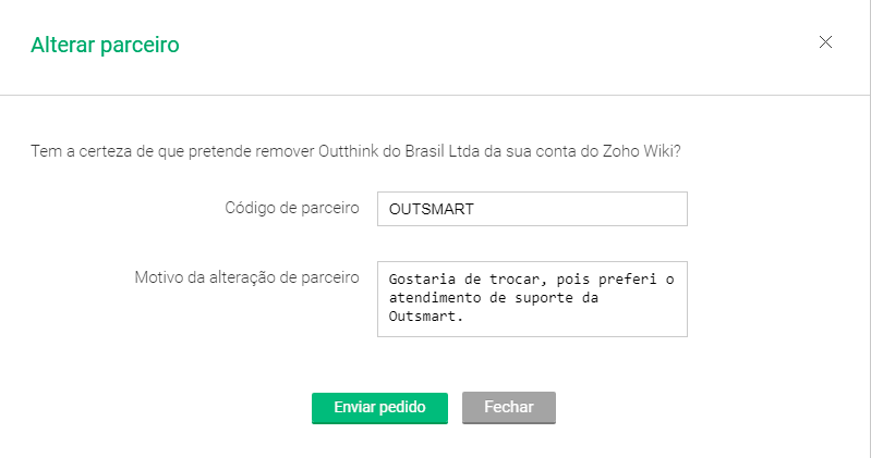 Pop-up para inserir código de autorização para troca de parceiro