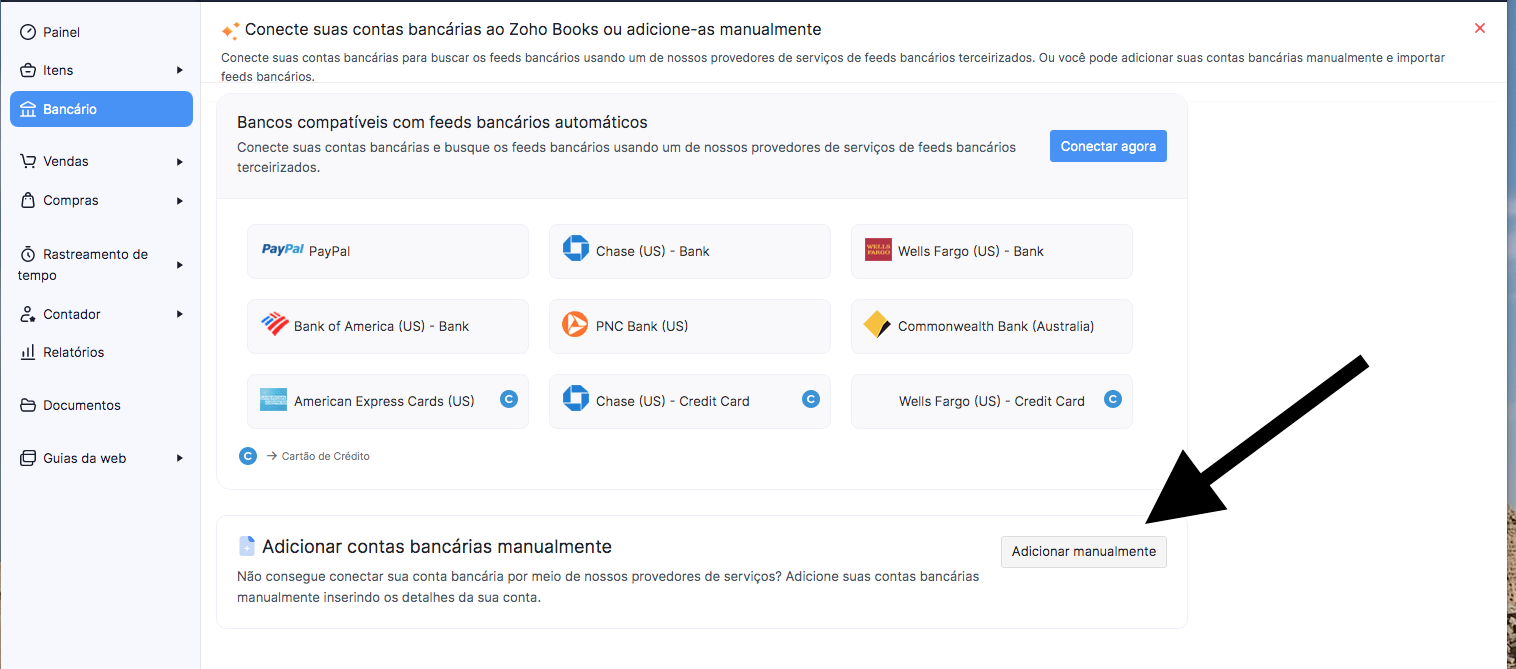 Opções para adicionar nova conta bancária