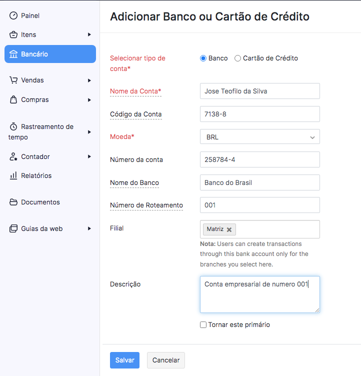 Formulário de cadastro manual de conta bancária