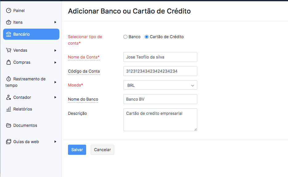 Formulário de cadastro de cartão de crédito