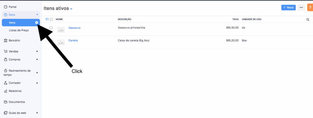 Lista de Itens no Zoho Books com botão de adicionar novo item