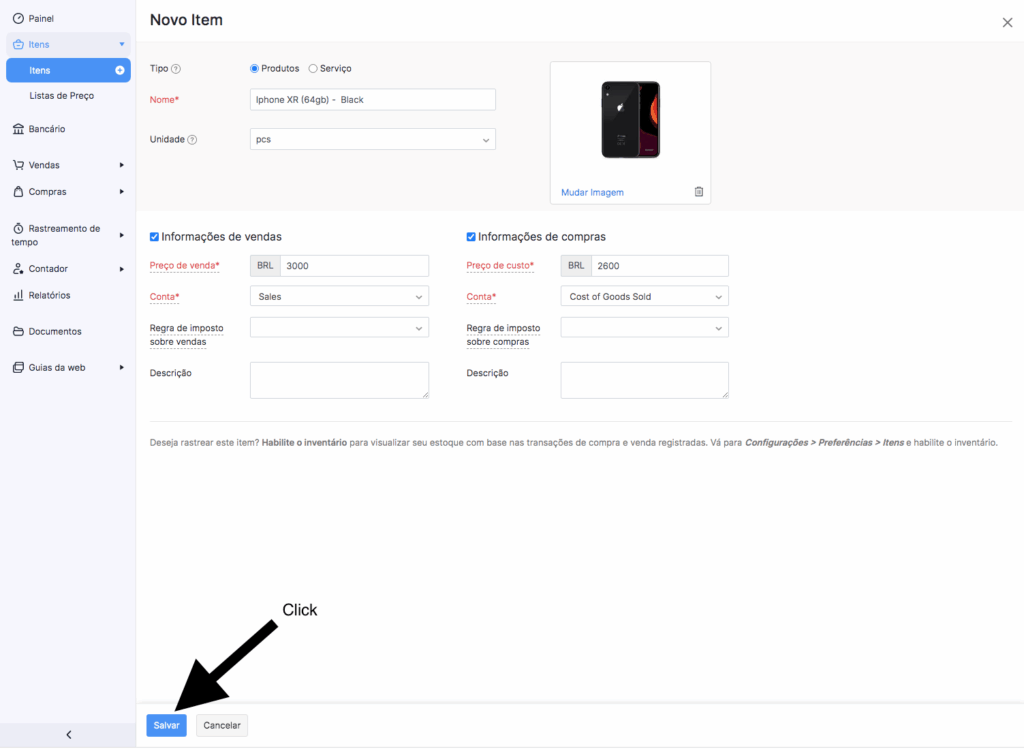 Botão Salvar no formulário de item do Zoho Books