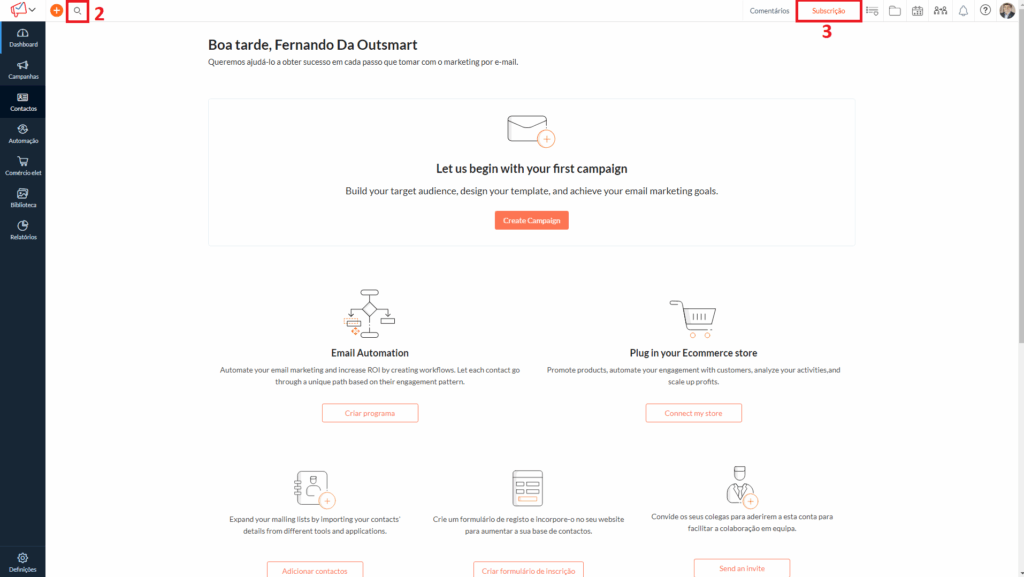 Menu de inscrição do Zoho Campaigns