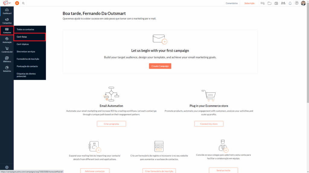 Menu Contatos e opção Gerir Listas no Zoho Campaigns