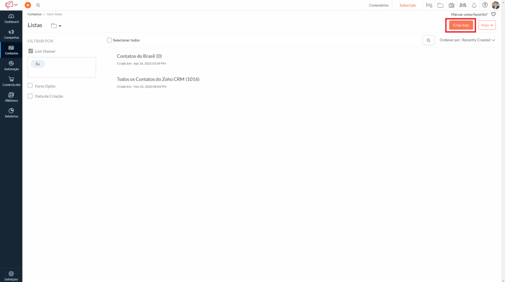Botão Criar Lista no Zoho Campaigns