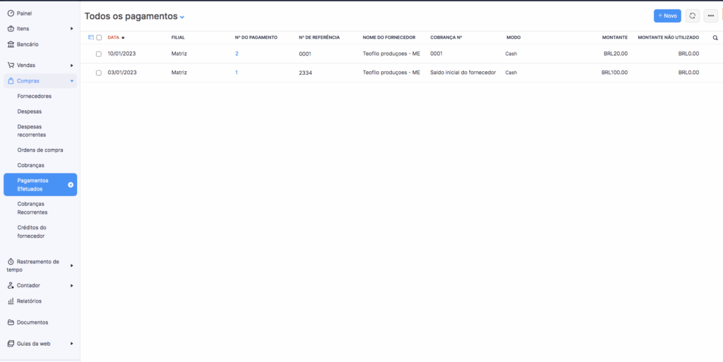 Lista de pagamentos efetuados