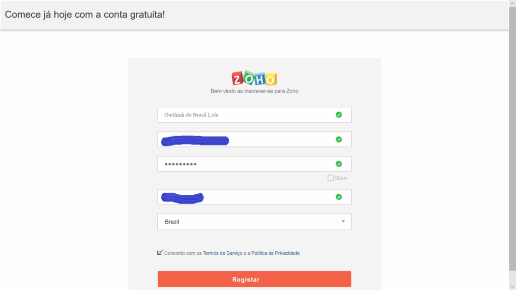 Tela de registro do Zoho CRM com campos de empresa, email, senha e telefone