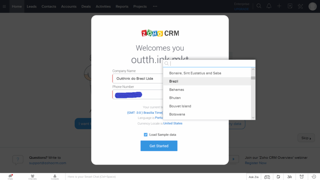 Brasil selecionado como país no Zoho CRM
