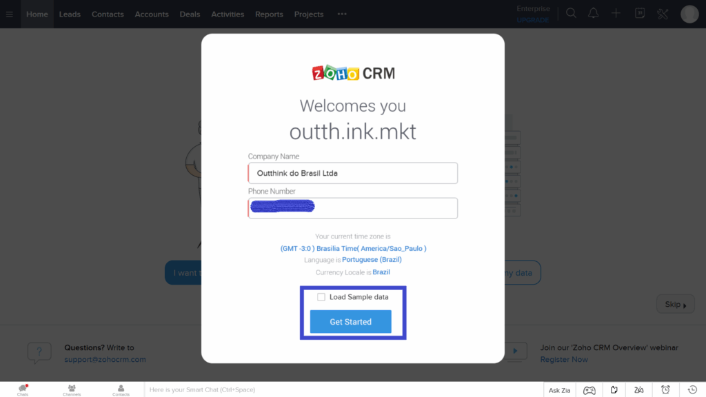 Botão Get Started para finalizar configuração do Zoho CRM