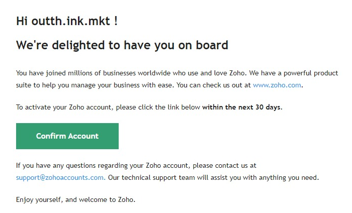 Email de confirmação de conta Zoho com botão Confirm Account