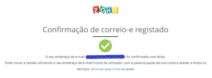 Mensagem de confirmação de email validado no Zoho