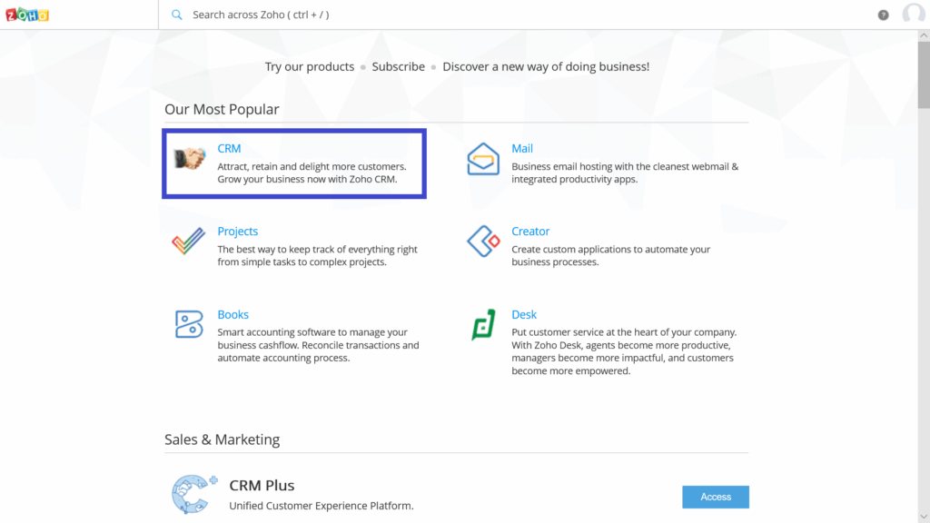 Lista de produtos Zoho com destaque para o CRM