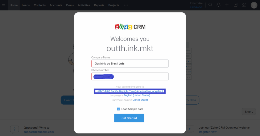 Configuração inicial do Zoho CRM - nome da empresa e telefone