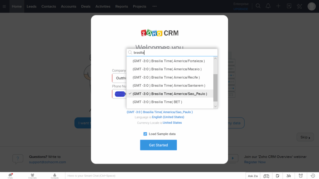 Seleção de fuso horário Brasília no Zoho CRM