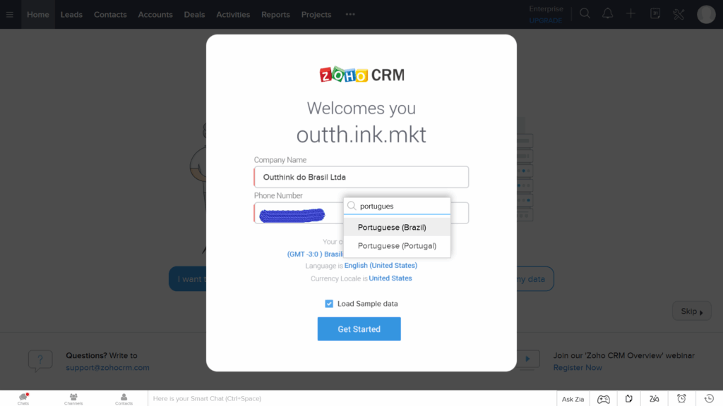 Configuração de idioma Português no Zoho CRM