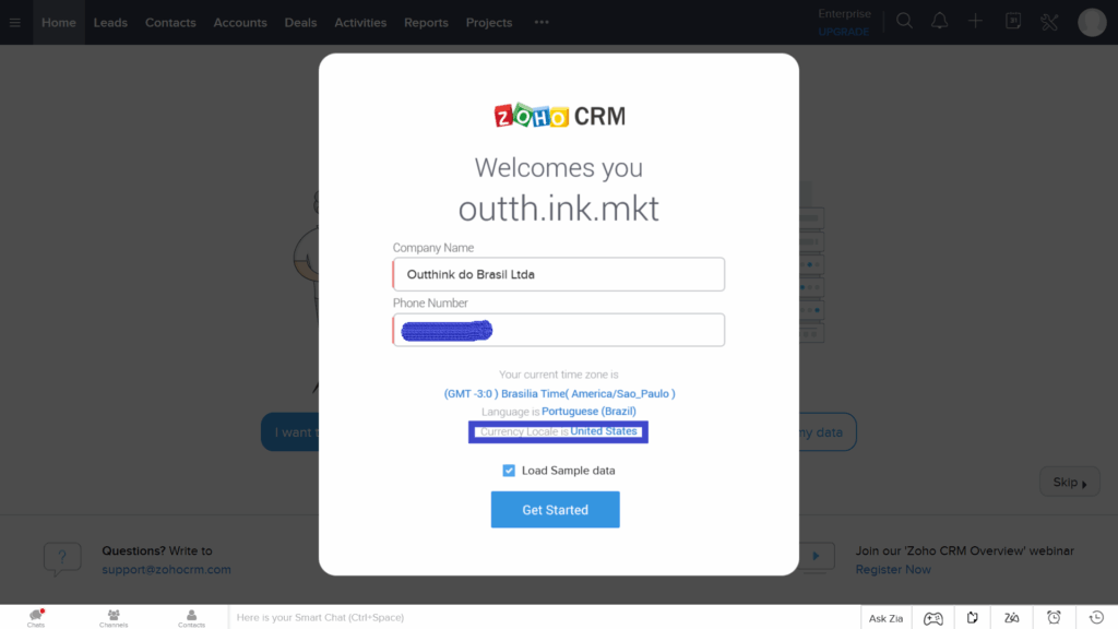 Seleção de país no Zoho CRM