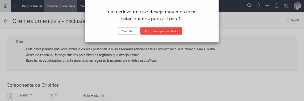 Confirmação de exclusão em massa