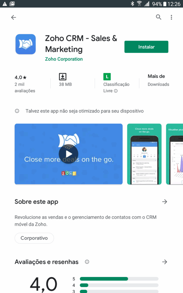Pesquisa Zoho CRM no Google Play