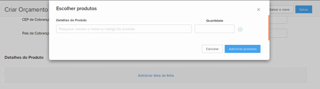 Adicionando itens ao orçamento