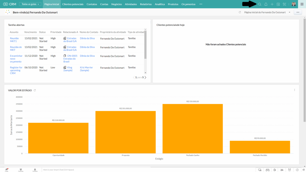 Barra de pesquisa do Zoho CRM na página inicial
