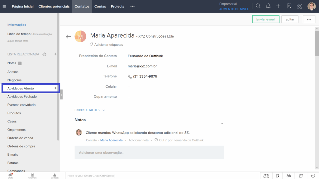 Menu de atividades do Zoho CRM