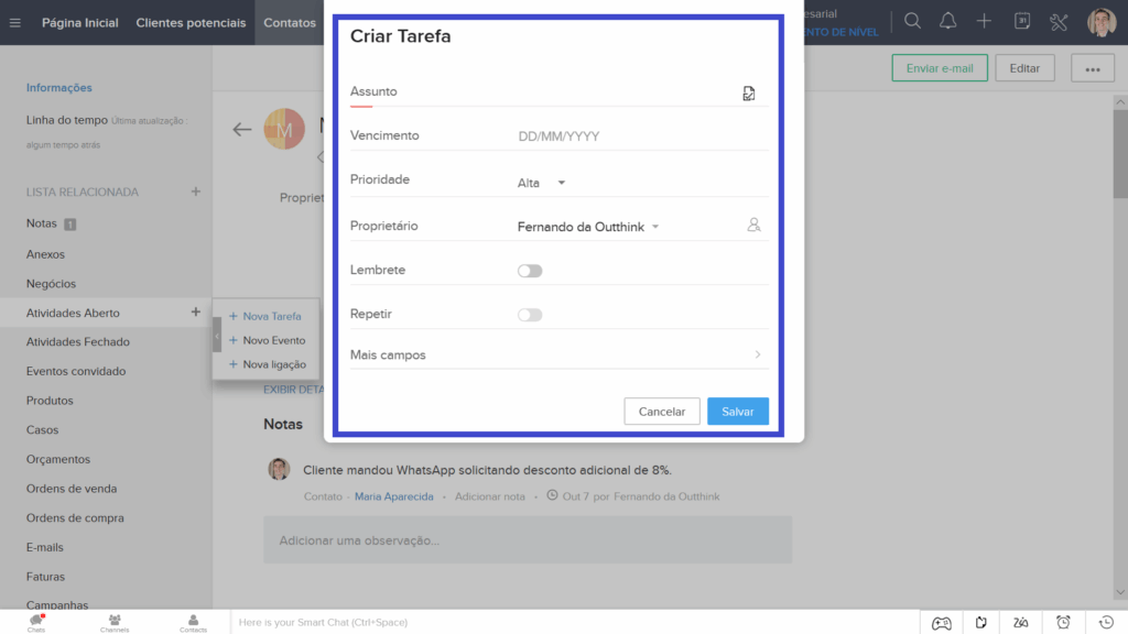 Formulário de criação de tarefa