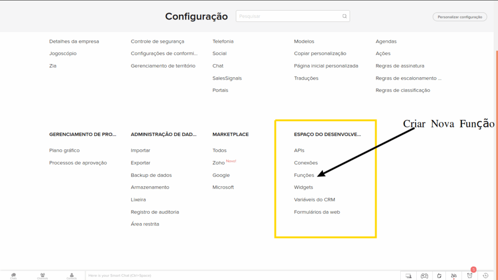 Menu de Configurações do Zoho CRM com opção Funções