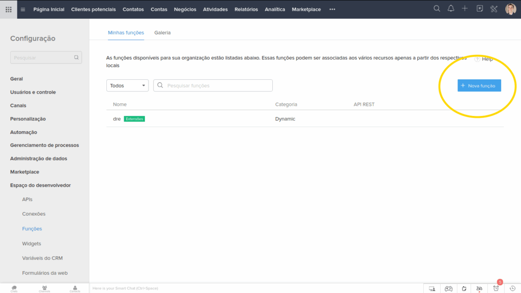 Botão Nova função no Zoho CRM