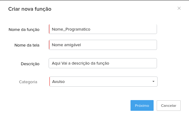 Caixa de diálogo para criação de nova função Deluge