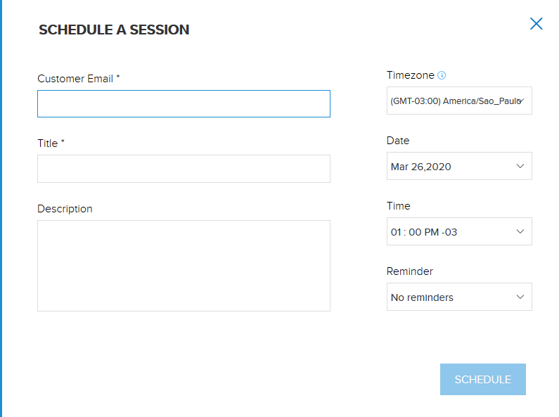 Formulário de agendamento de sessão com campos de data e hora