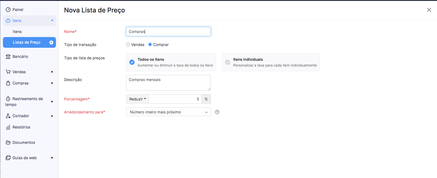 Criando nova lista de preços no Zoho Books