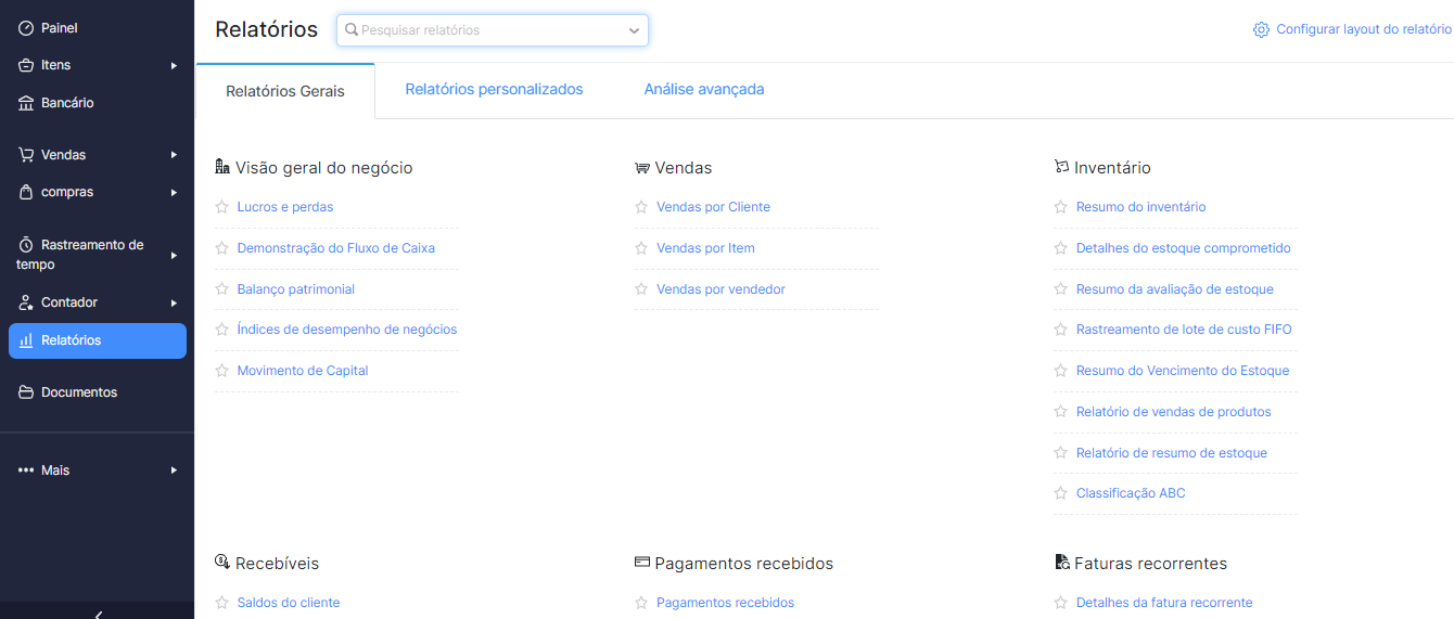 Módulo de Relatórios no Zoho Books
