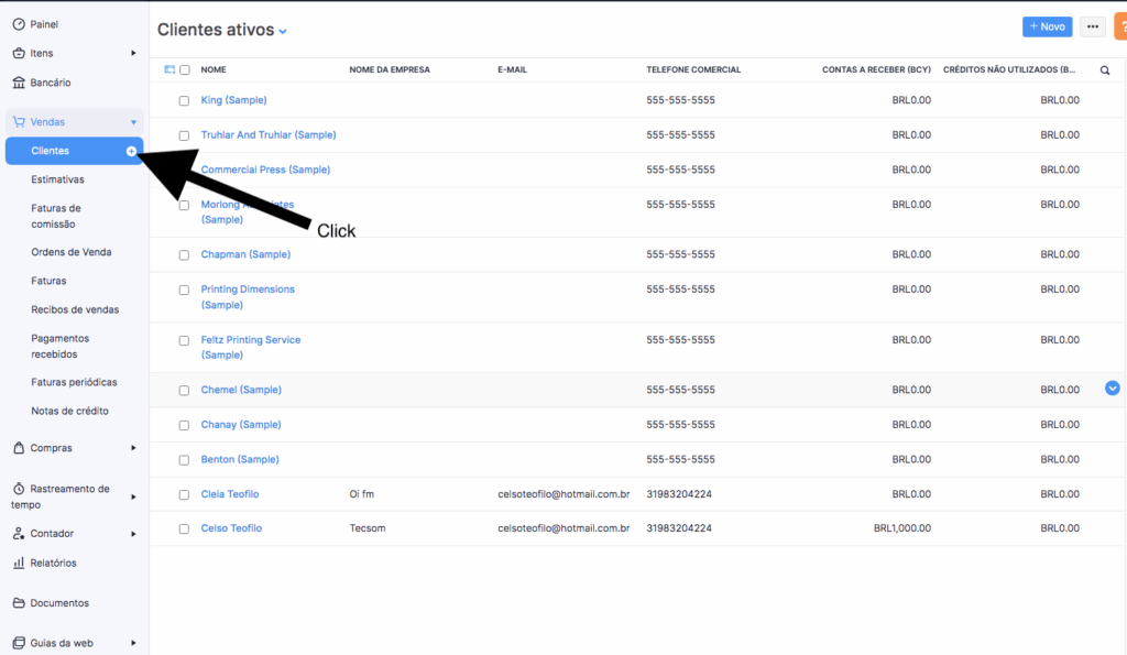 Lista de clientes no Zoho Books