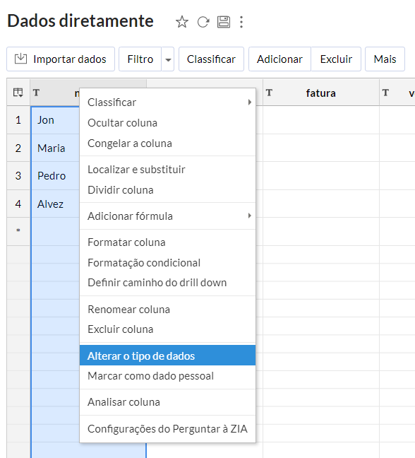 Alterar tipo de dados